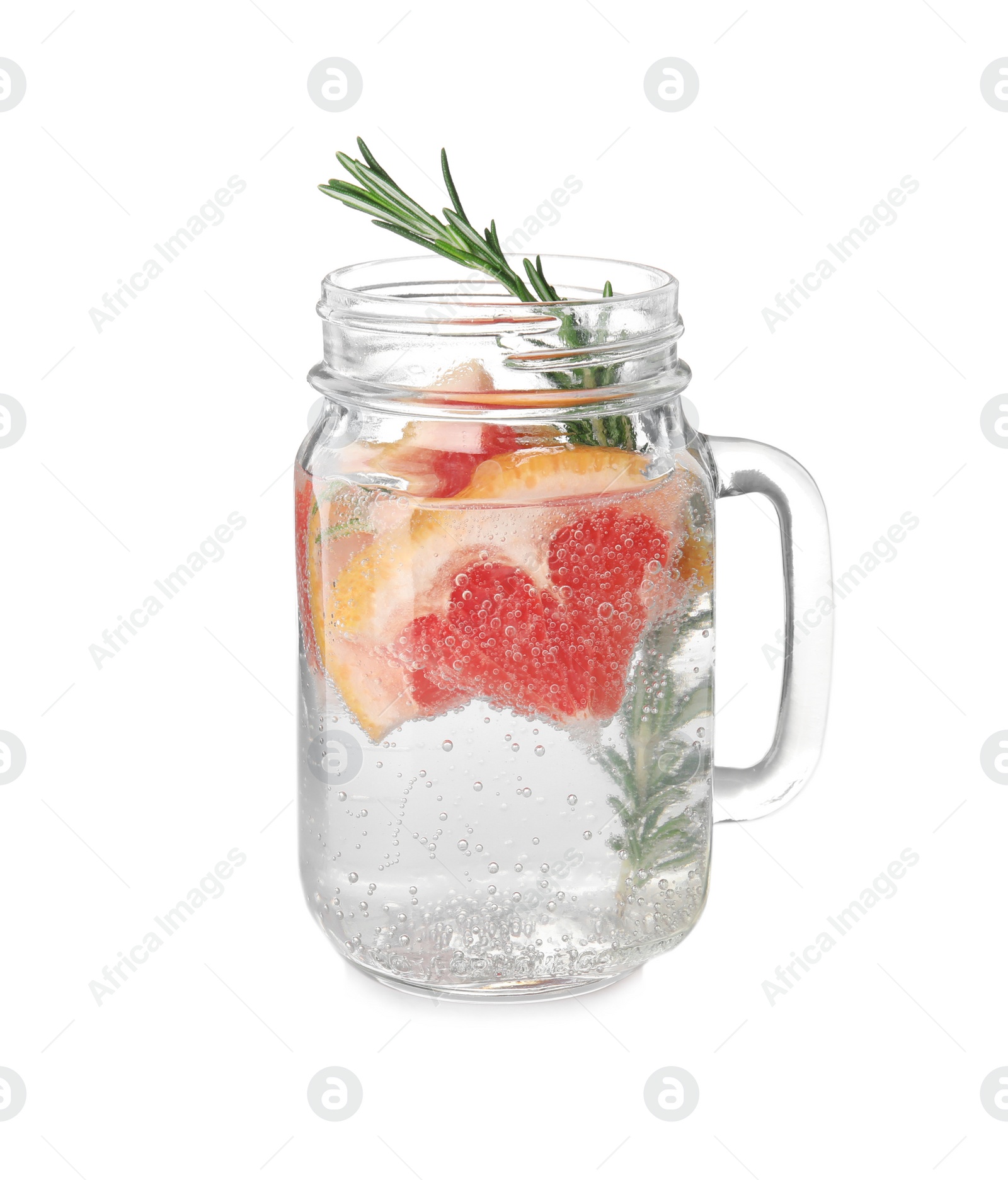 Photo of Mason jar of infused water with grapefruit slices isolated on white