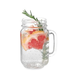 Photo of Mason jar of infused water with grapefruit slices isolated on white