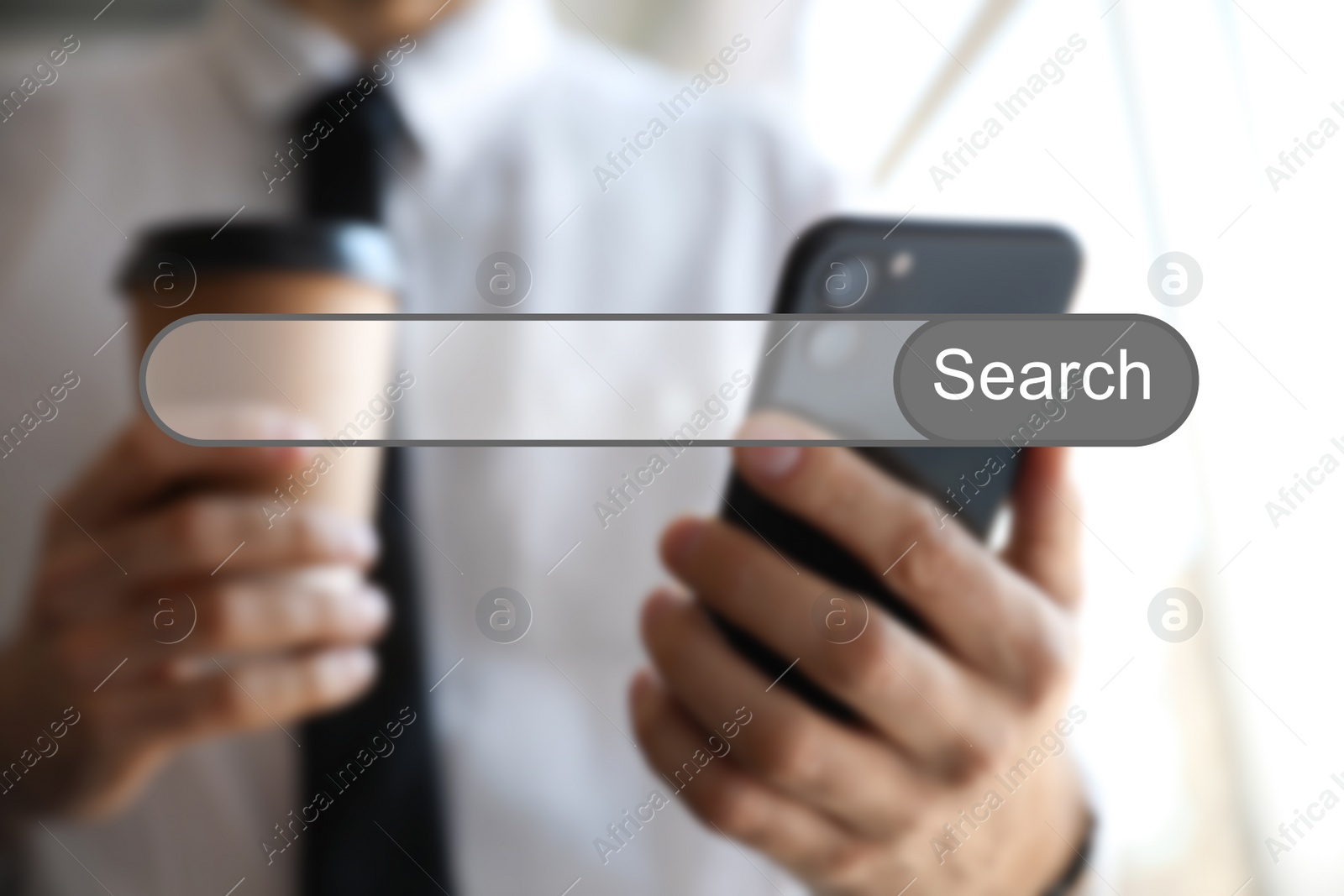 Image of Search bar of internet browser and man using smartphone indoors, closeup