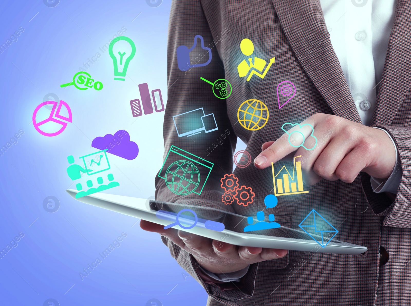 Image of  Digital marketing concept. Young businesswoman using tablet on color background, closeup
