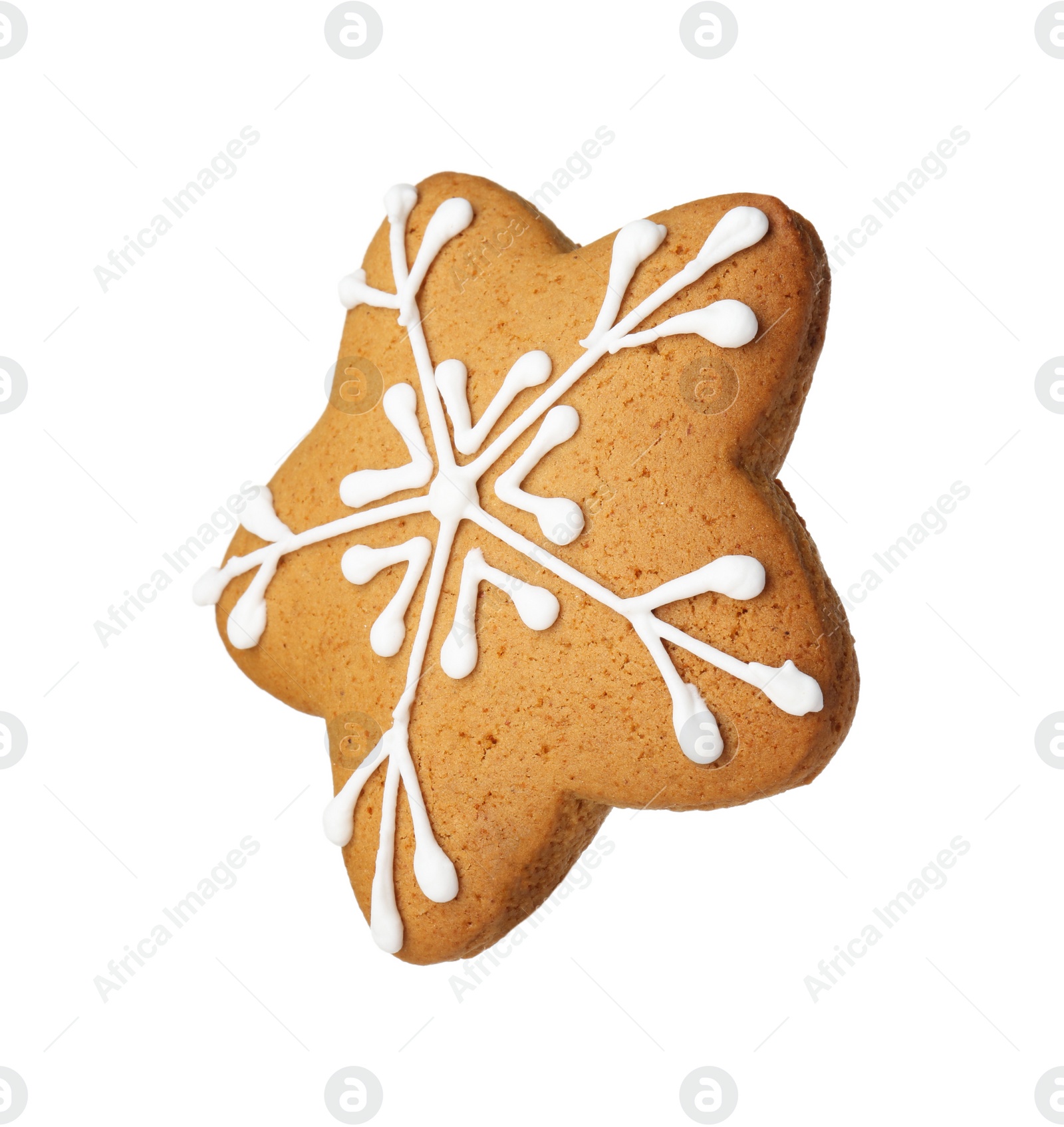 Photo of Tasty star shaped Christmas cookie with icing isolated on white