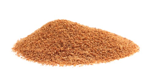 Pile of natural coconut sugar on white background