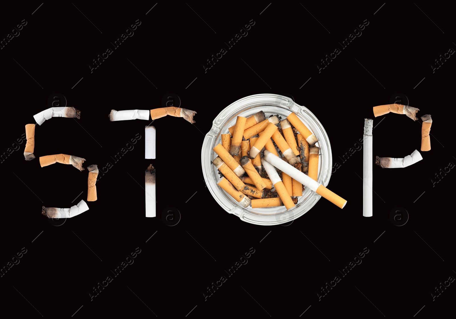 Image of Quitting smoking concept. Word Stop made of burnt cigarettes and glass ashtray on black background, flat lay