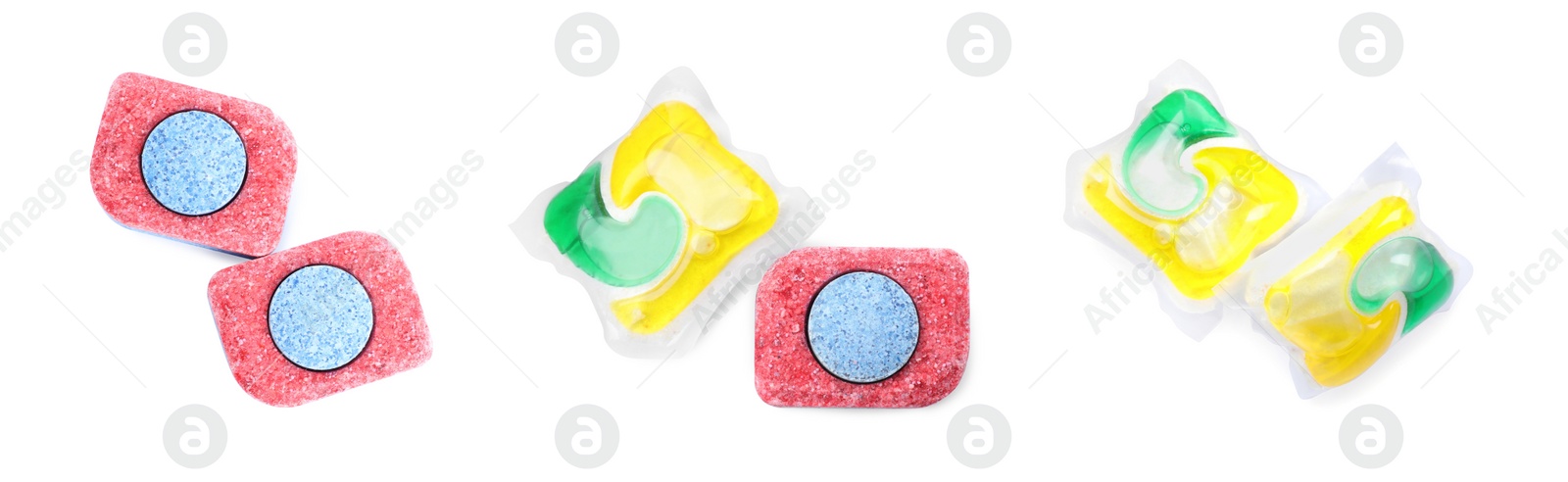 Image of Set with dishwasher detergent tablets and gel capsules on white background, top view. Banner design