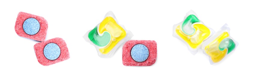 Image of Set with dishwasher detergent tablets and gel capsules on white background, top view. Banner design