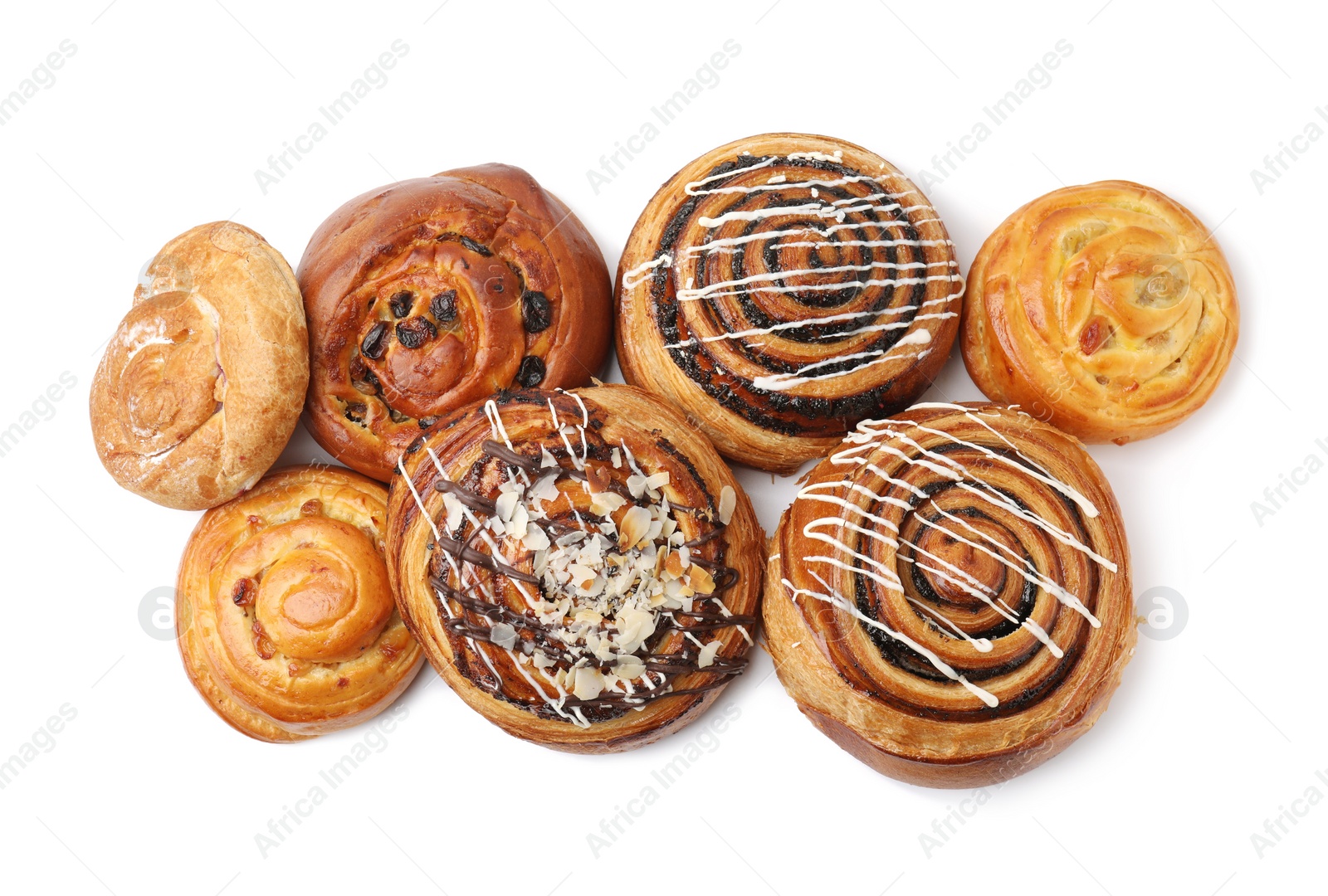 Photo of Different delicious rolls isolated on white, top view. Sweet buns