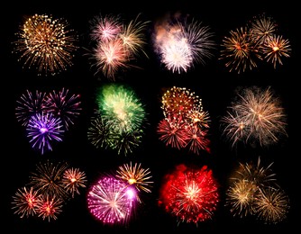 Image of Beautiful bright fireworks on black background, collage 