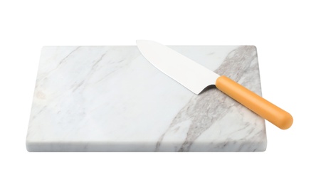 Photo of Sharp chief's knife with marble board on white background