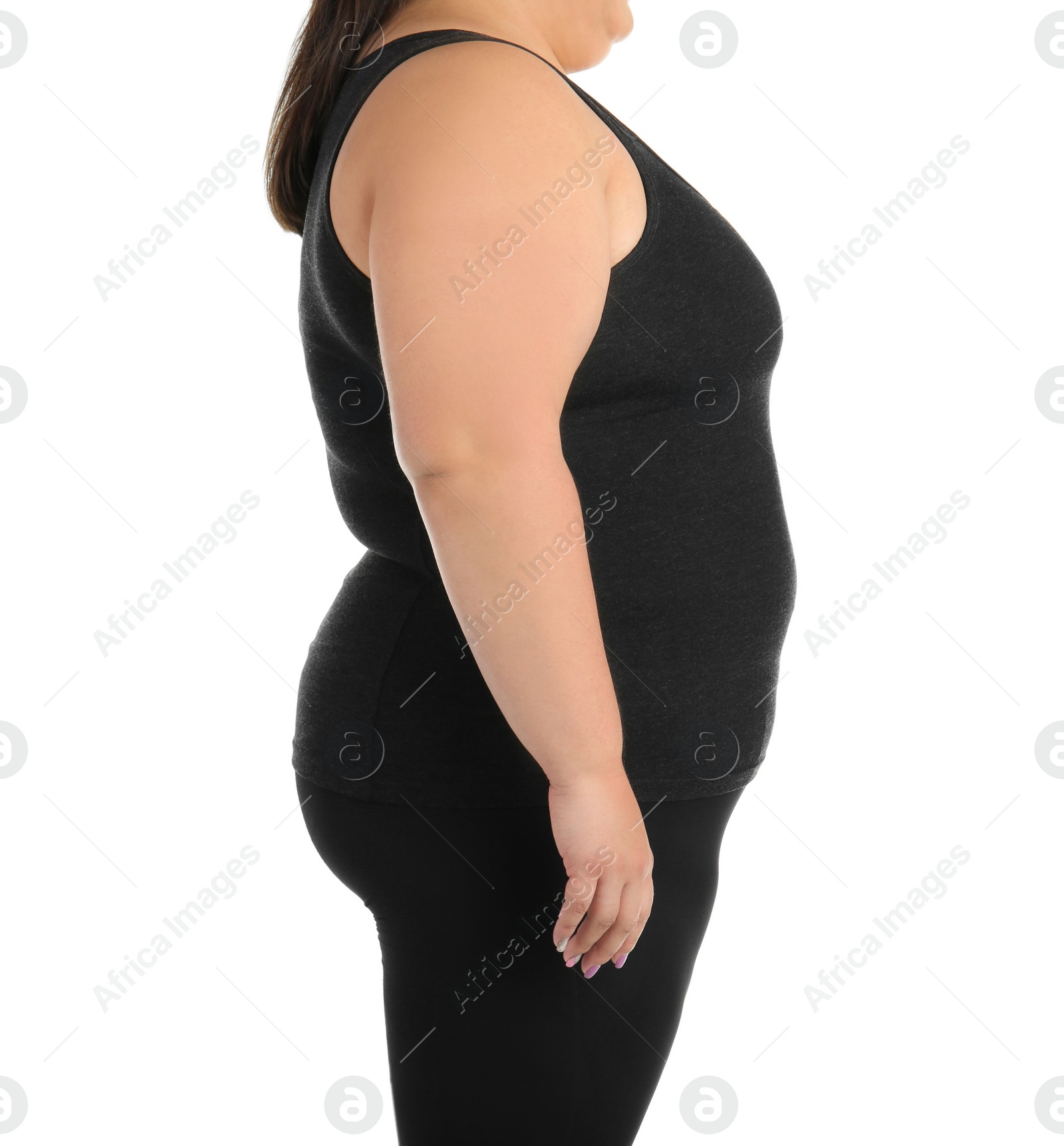 Photo of Overweight woman on white background, closeup view