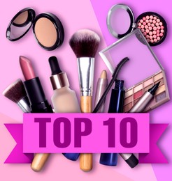Image of Top ten list of makeup products on pink and magenta background