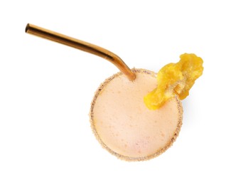 Photo of Glass of tasty pineapple cocktail with straw isolated on white, top view