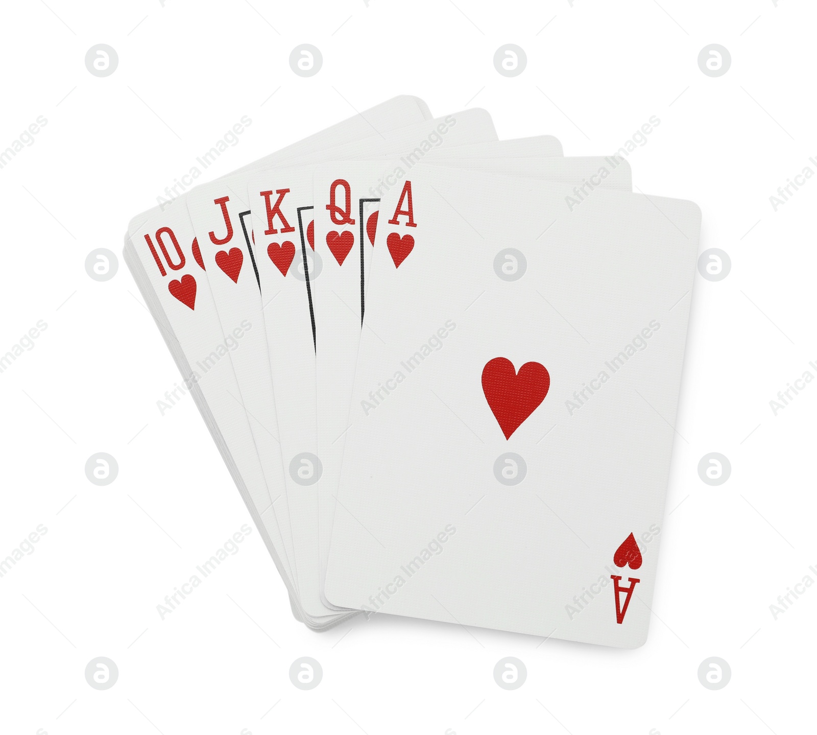 Photo of Deck of playing cards isolated on white, top view. Poker game