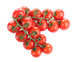 Photo of Branches of fresh cherry tomatoes isolated on white, top view