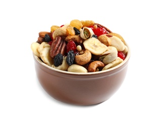 Photo of Bowl with different dried fruits and nuts on white background