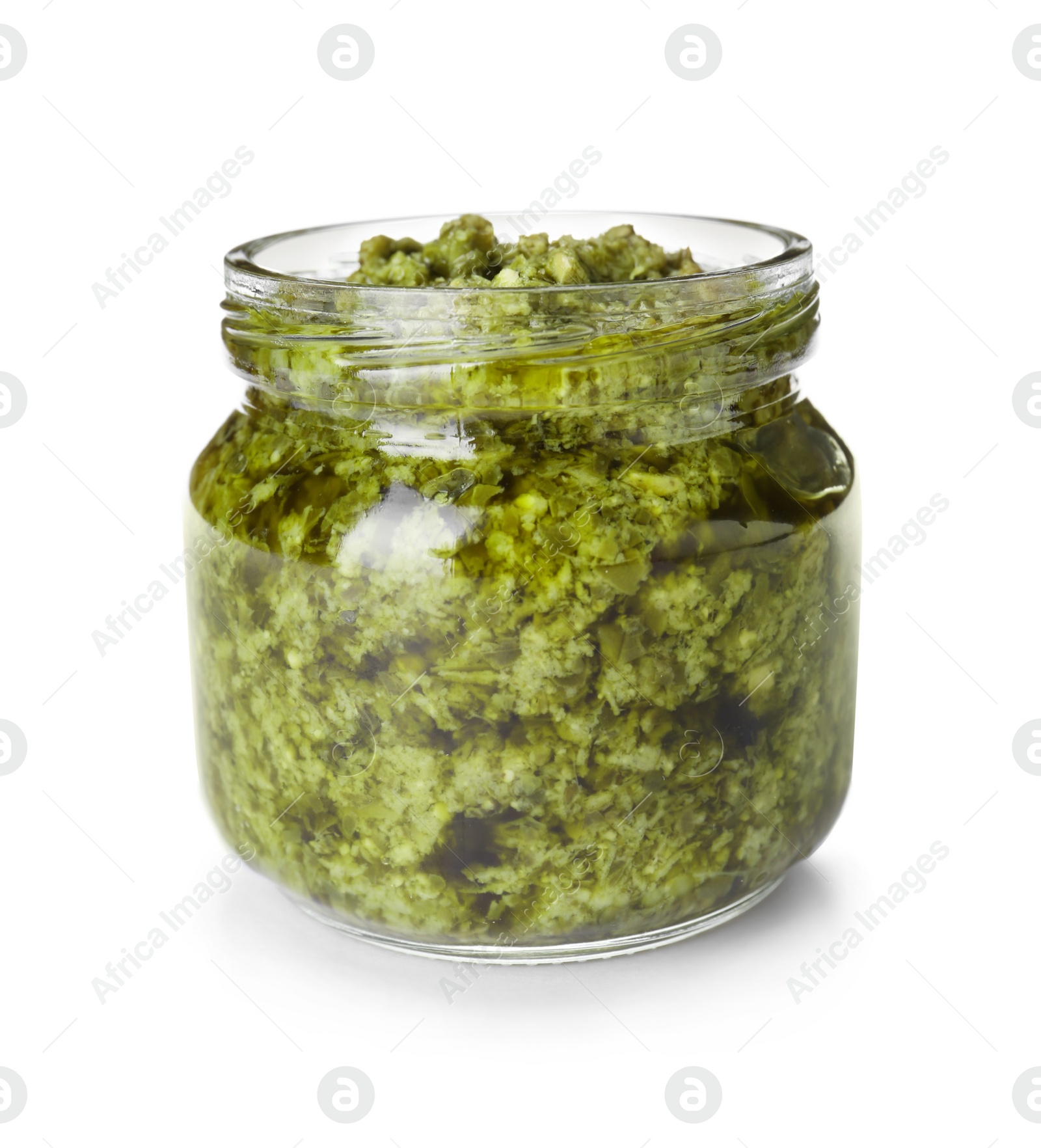 Photo of Jar of tasty pesto sauce isolated on white