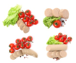 Image of Set with tasty liver sausages, tomatoes, lettuce and peppercorns on white background, top view