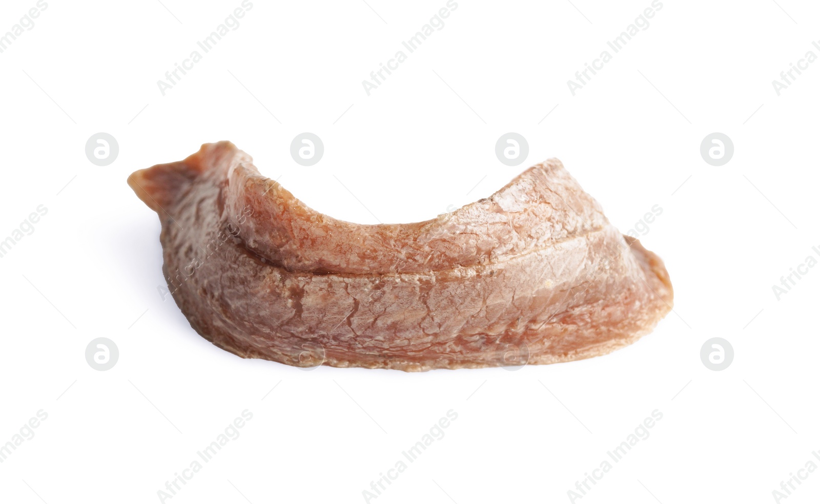 Photo of Delicious salted anchovy fillet isolated on white