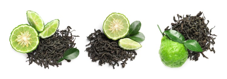 Image of Set with dry tea leaves and bergamot fruits on white background, top view. Banner design