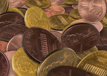 Closeup view of United States cent coins as background