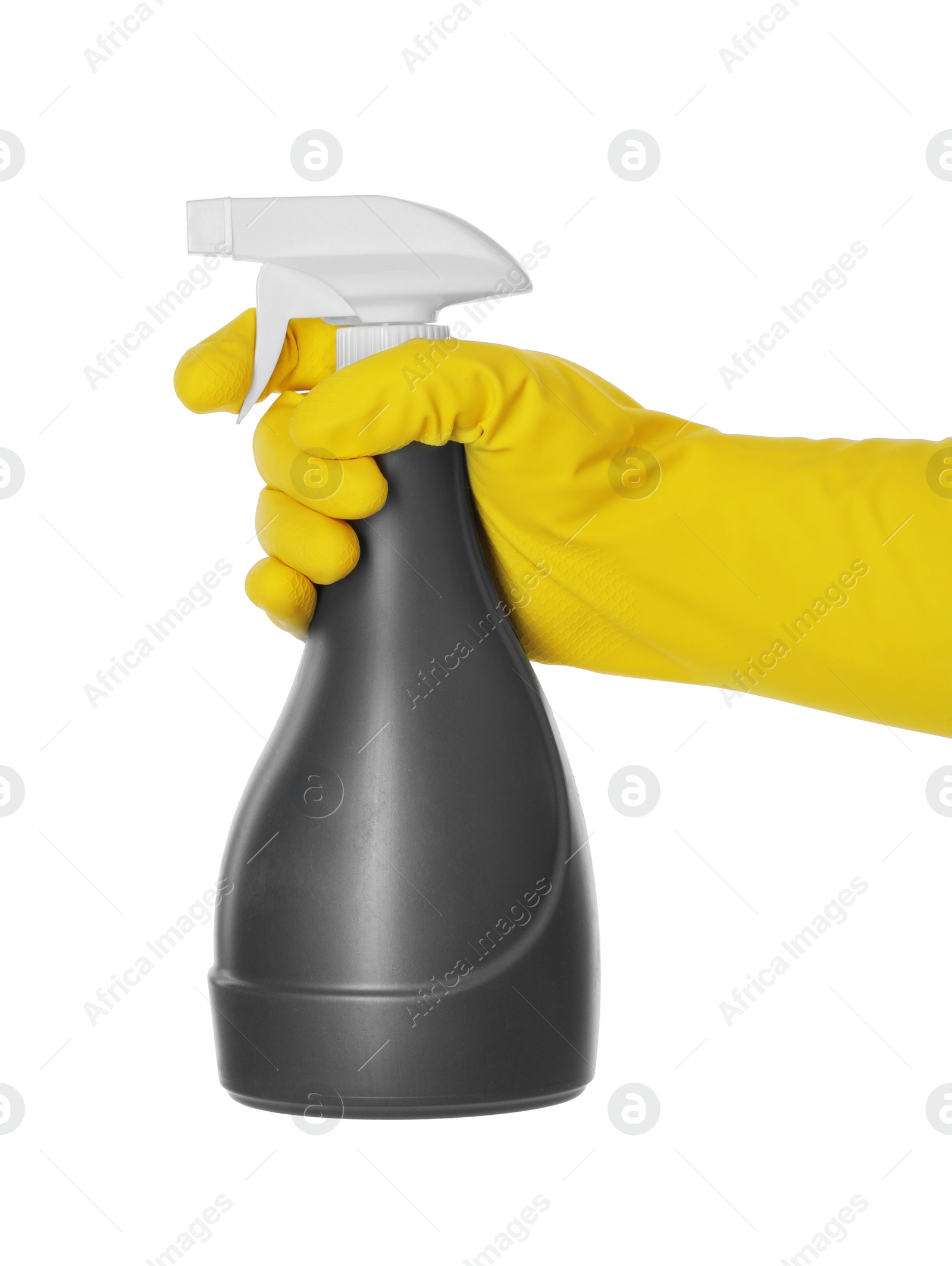 Photo of Woman holding plastic spray bottle isolated on white, closeup