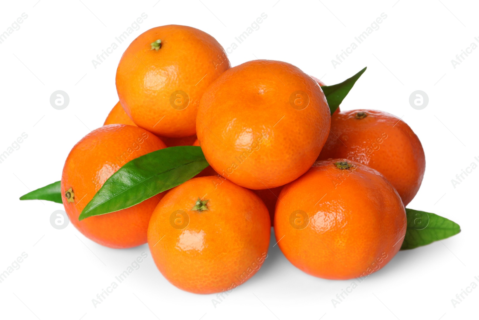 Photo of Fresh ripe tangerines and green leaves isolated on white