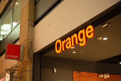 Warsaw, Poland - September 17, 2022: Signboard of Orange store in shopping mall