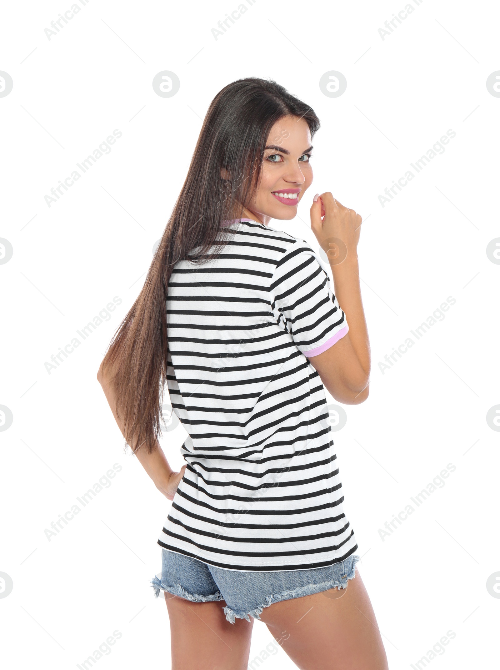 Photo of Beautiful woman in casual clothes posing on white background