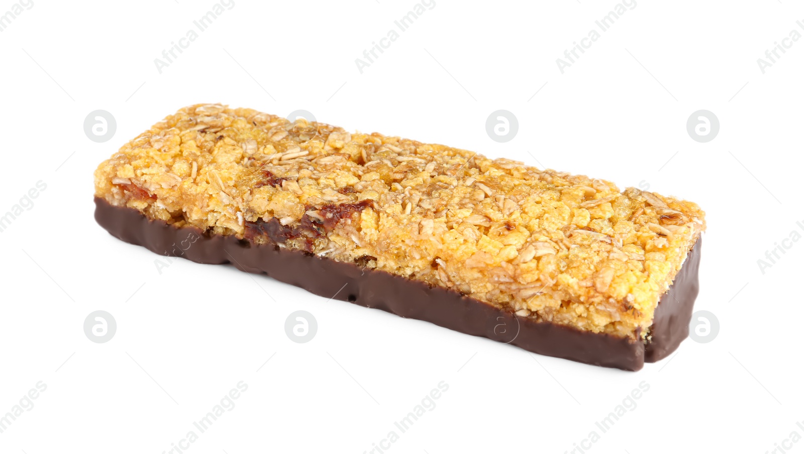 Photo of Granola bar with chocolate isolated on white. High protein snack