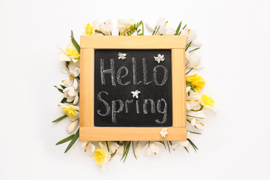 Photo of Blackboard with words HELLO SPRING and fresh flowers on white background, flat lay