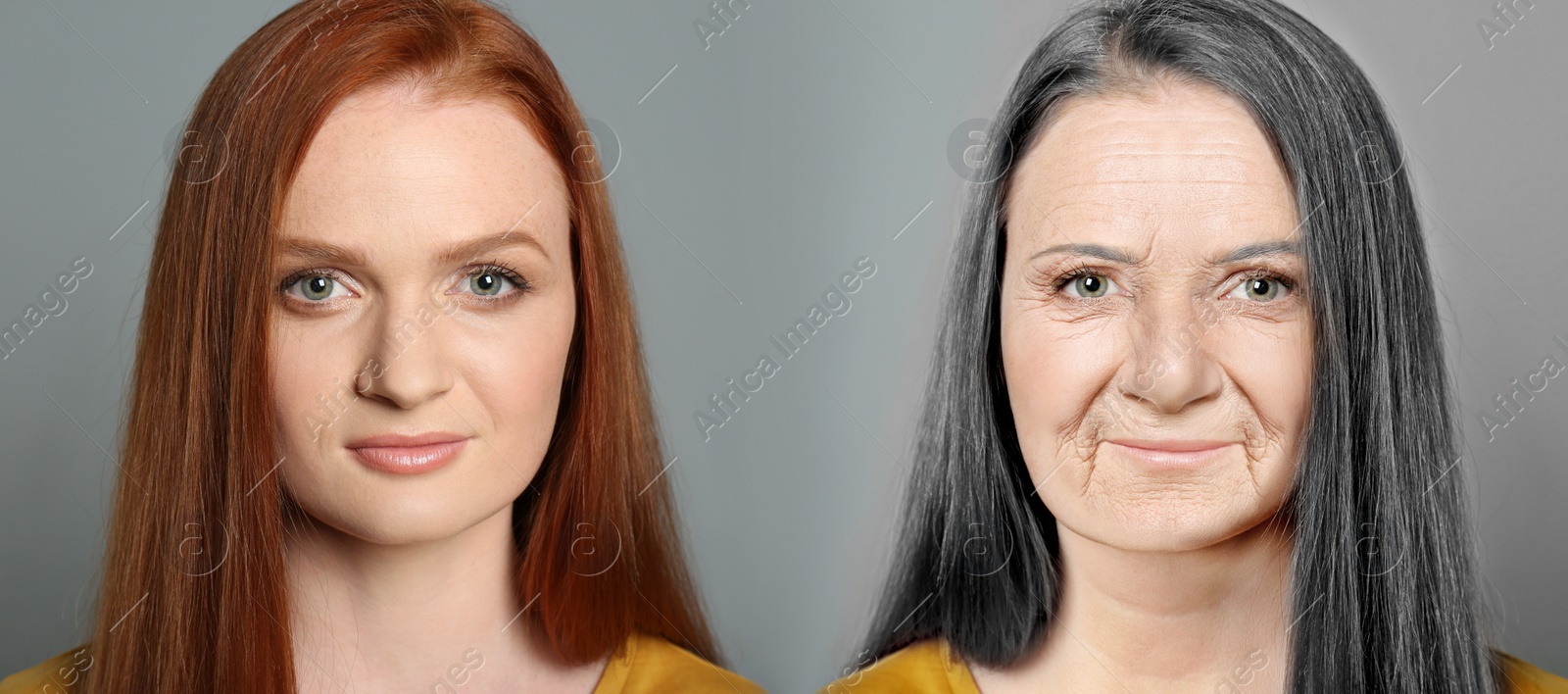 Image of Collage with photos of woman in different ages on grey background