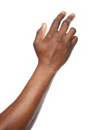 African-American man showing hand gesture on white background, closeup