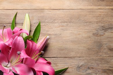 Photo of Beautiful pink lily flowers on wooden table, top view. Space for text