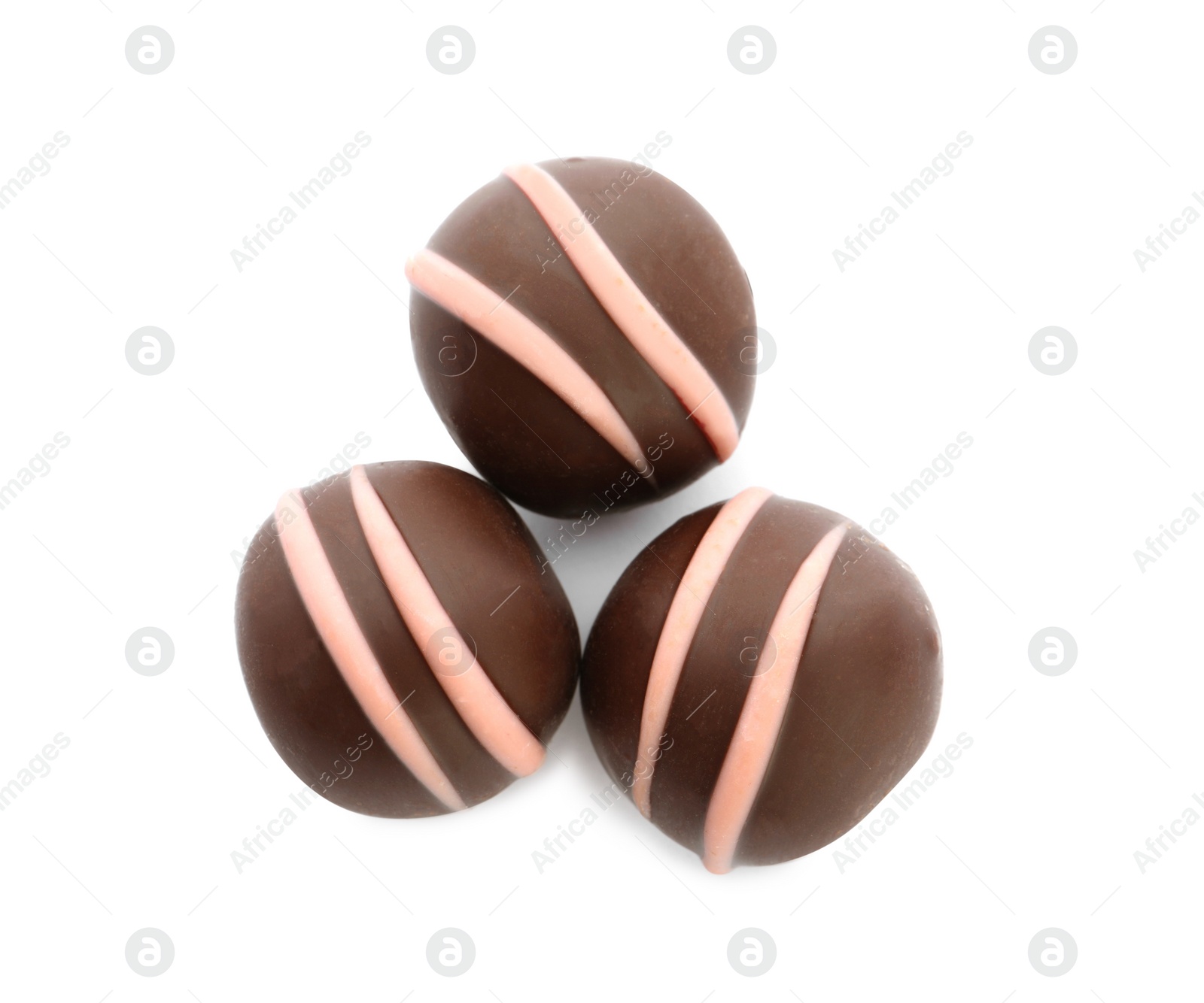 Photo of Delicious sweet chocolate truffles on white background, top view