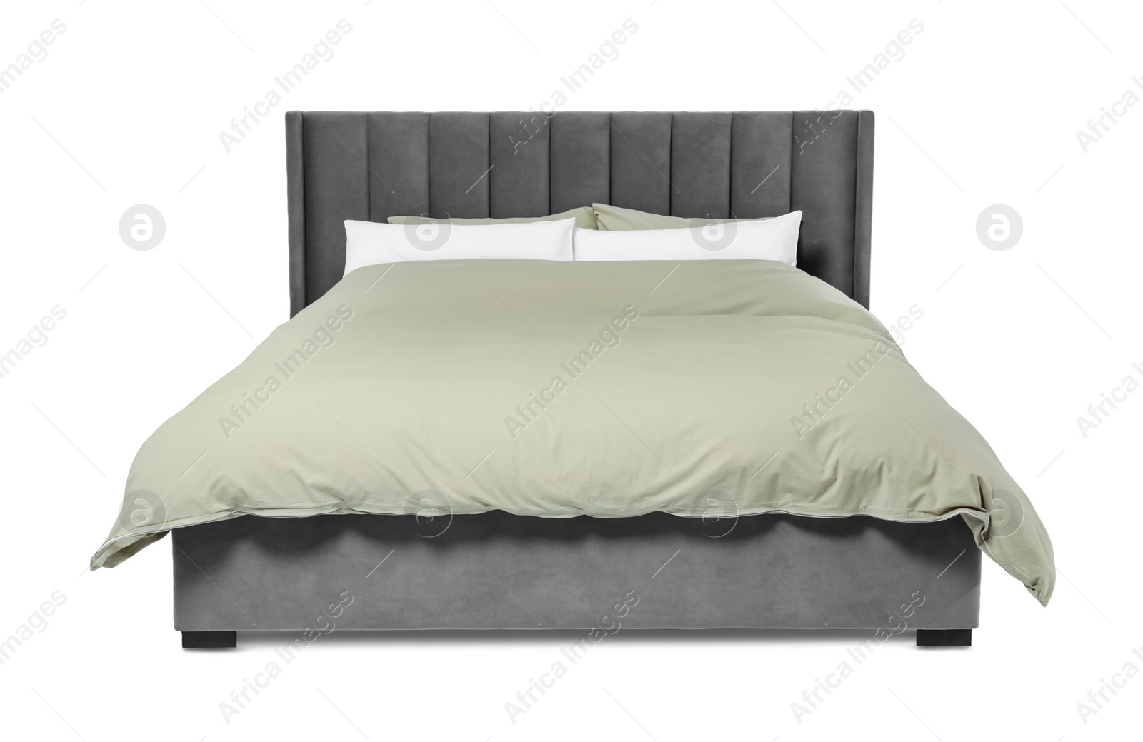 Photo of Comfortable gray bed with linens on white background