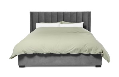 Comfortable gray bed with linens on white background