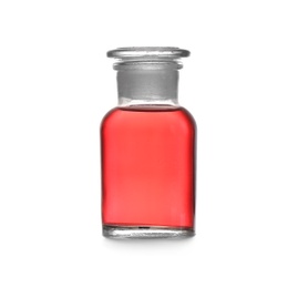 Photo of Glass bottle with color liquid isolated on white. Solution chemistry