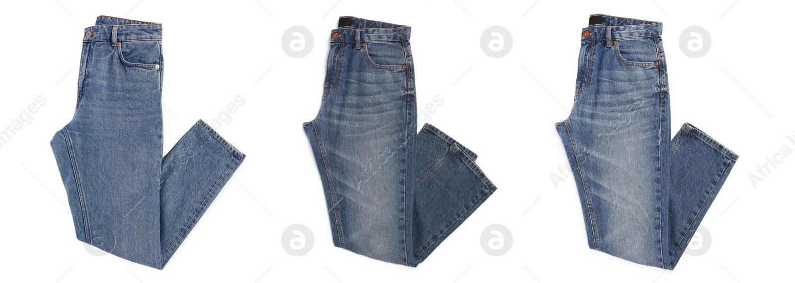 Image of Set with different jeans on white background, top view