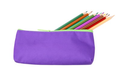 Photo of Many colorful pencils in pencil case isolated on white, top view