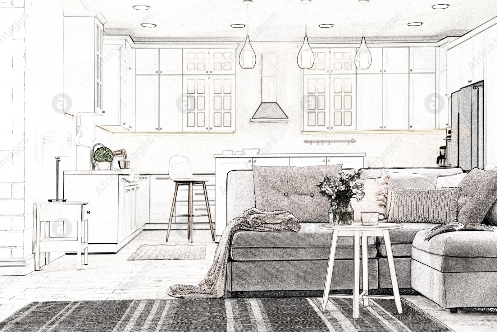 Image of Sketch of kitchen and living room interior with stylish furniture. Illustration