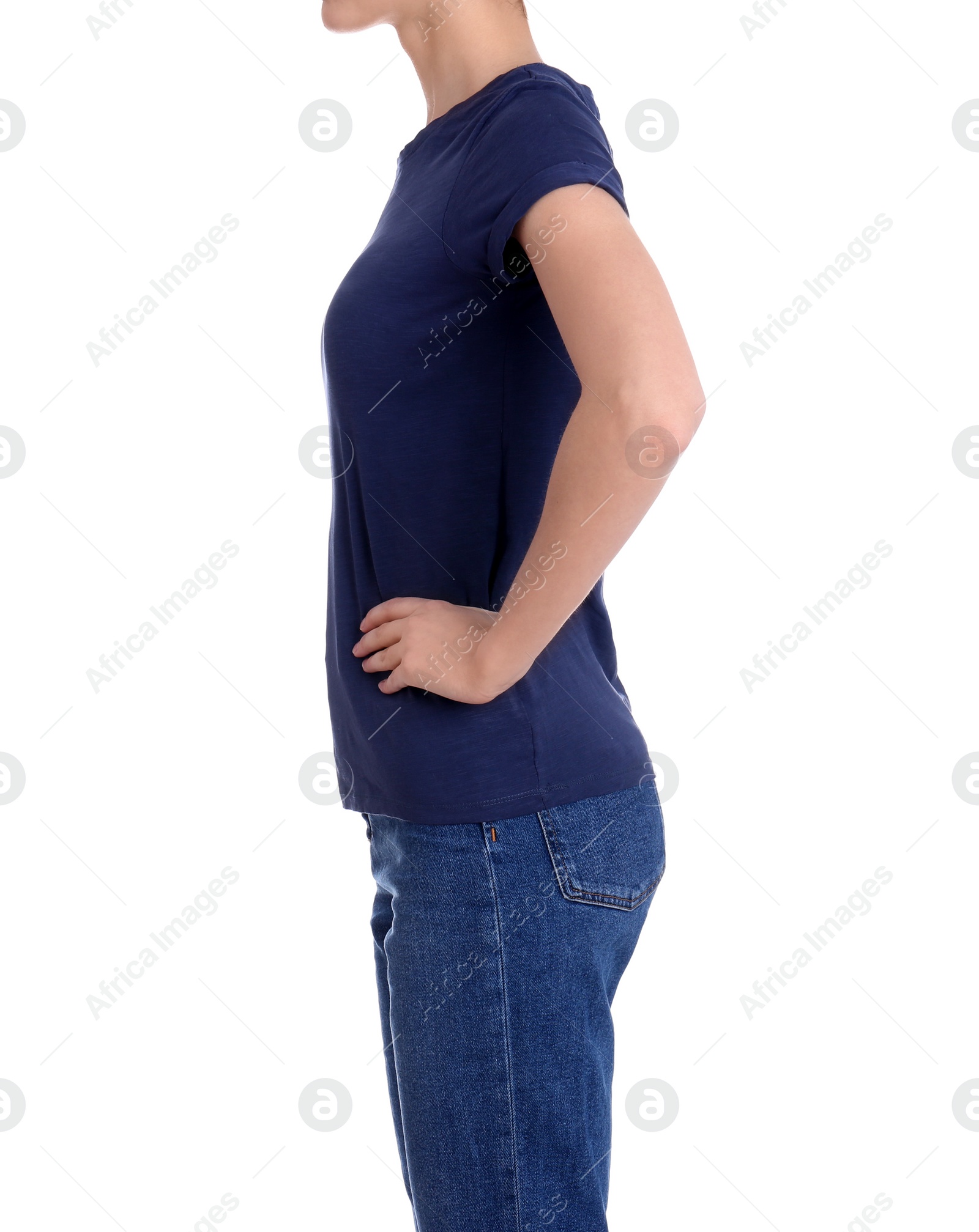 Photo of Young slim woman on white background, closeup. Weight loss