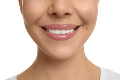 Photo of Young woman with healthy teeth on white background, closeup