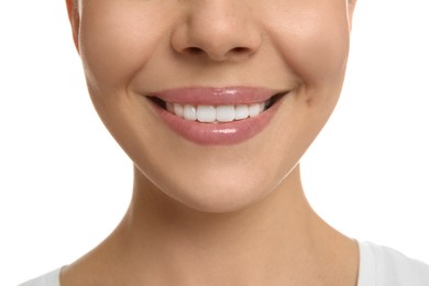 Young woman with healthy teeth on white background, closeup