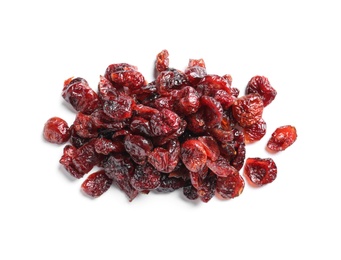 Photo of Heap of cranberries on white background, top view. Dried fruit as healthy snack