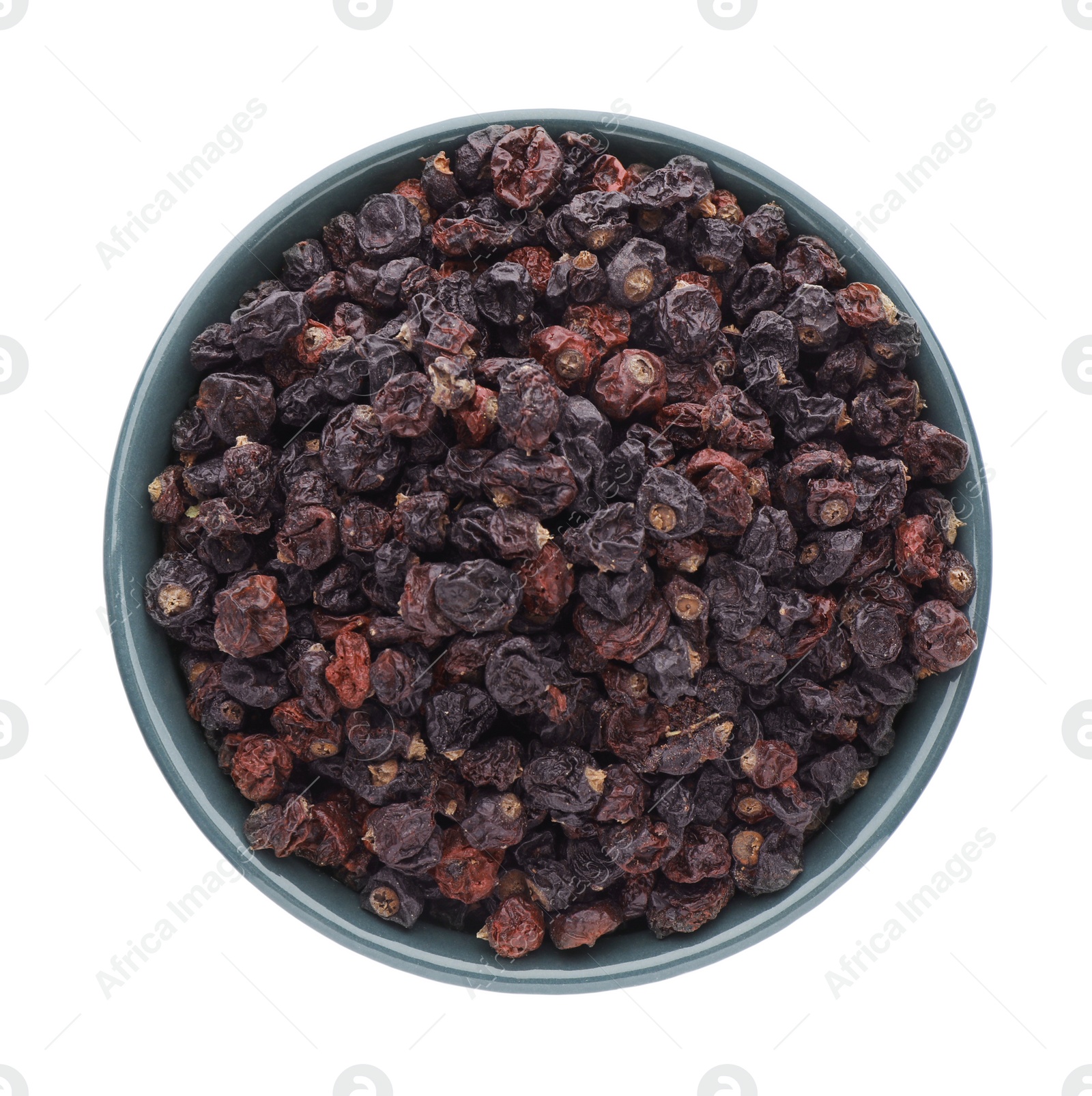 Photo of Bowl of tasty dried currants on white background, top view