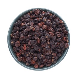 Bowl of tasty dried currants on white background, top view