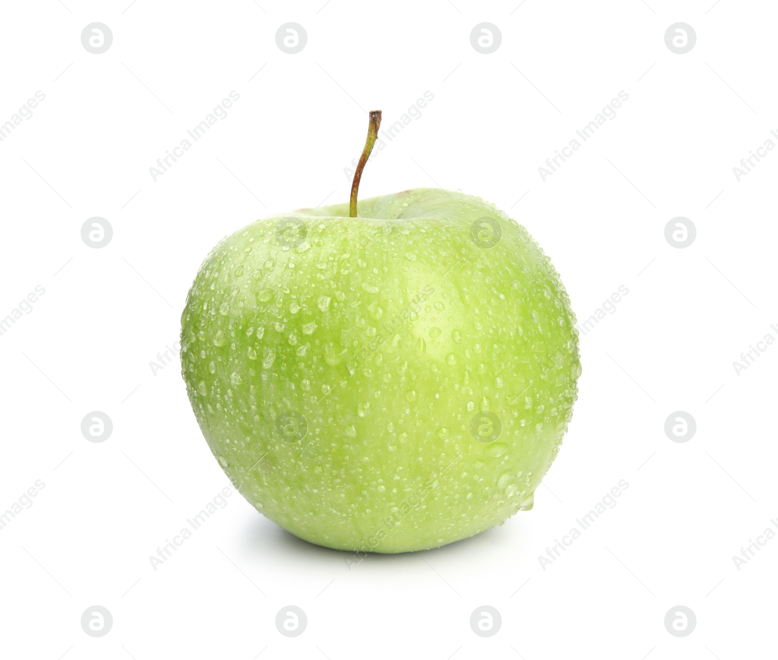 Photo of Fresh ripe green apple with water drops on white background