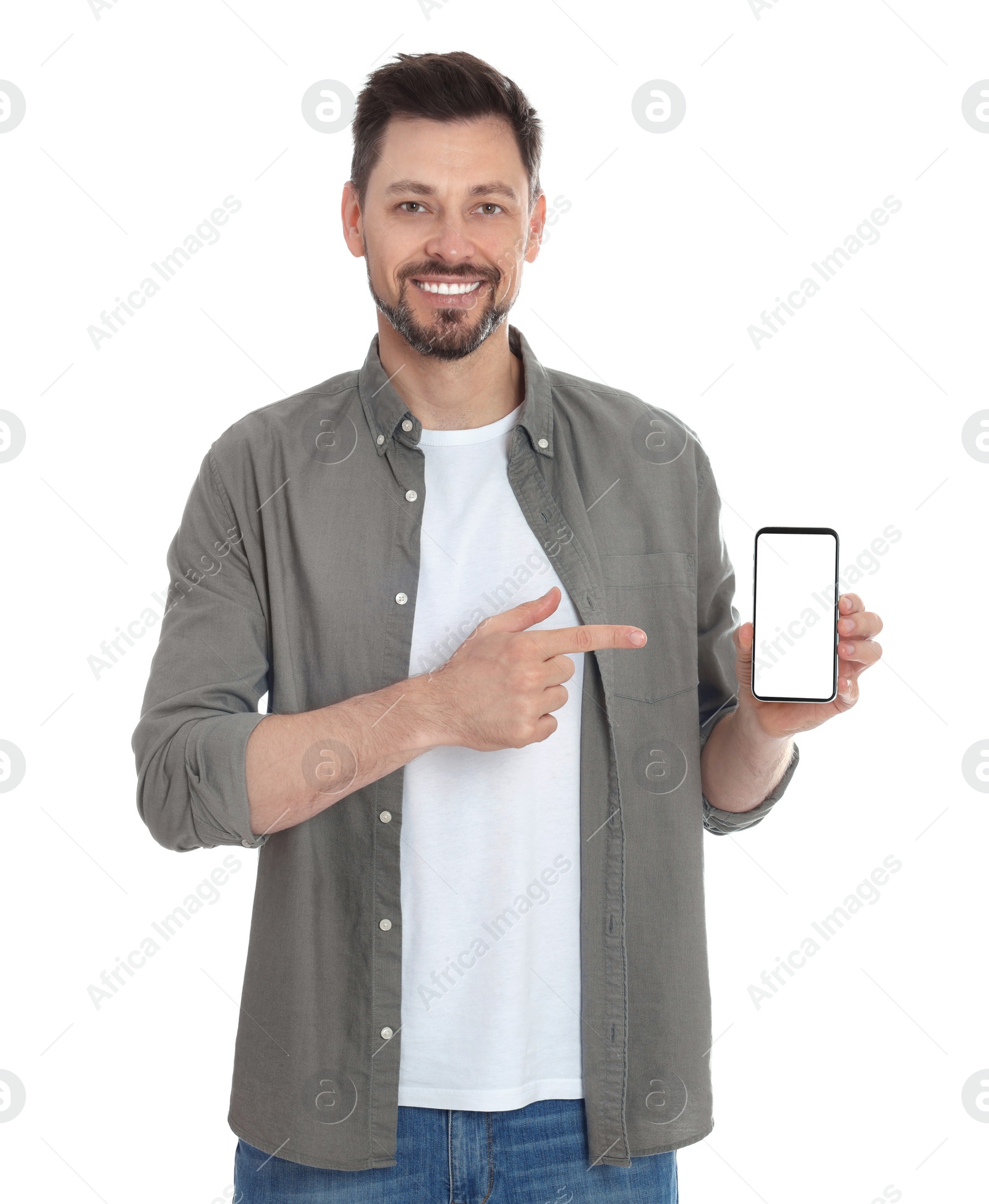 Photo of Happy man with phone on white background