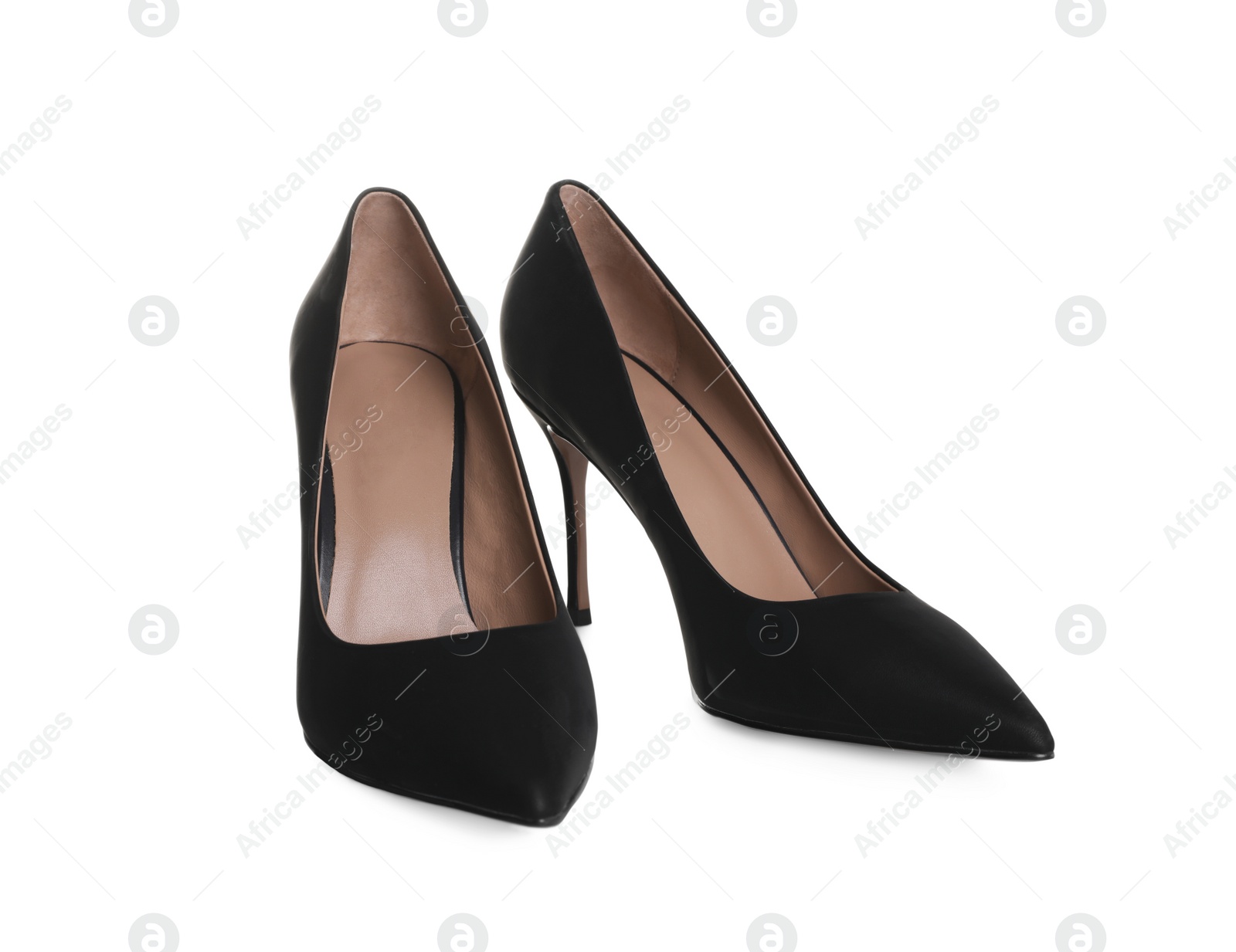 Photo of Pair of elegant black high heel shoes on white background