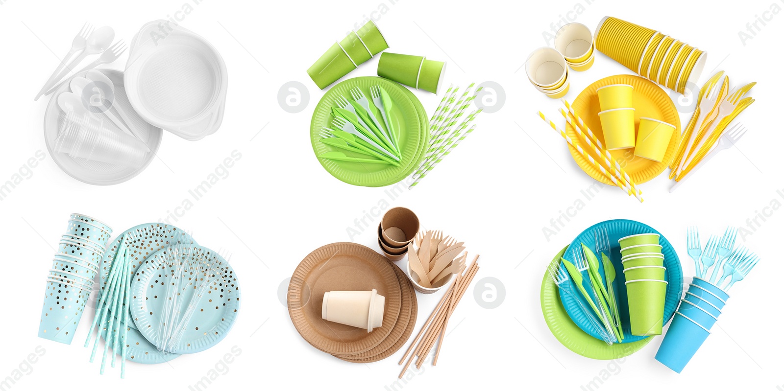 Image of Set with different disposable tableware on white background, top view. Banner design