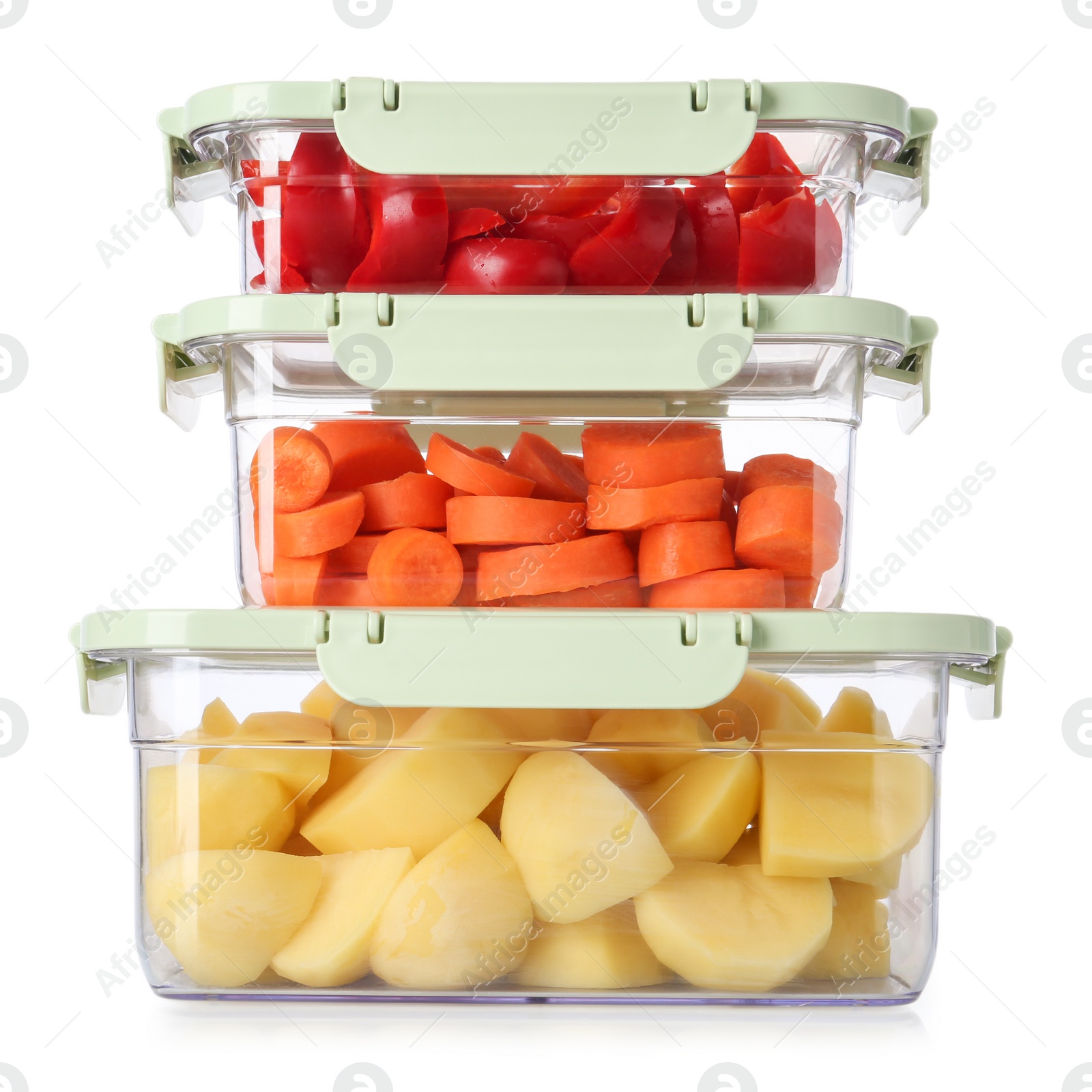 Photo of Boxes with fresh raw vegetables on white background